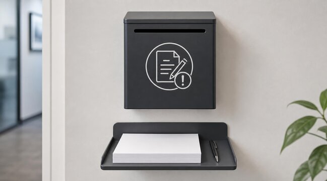 Black Wall Mounted Suggestion Box with Notepad and Pen in Office.