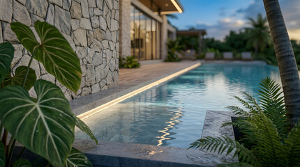 Naklejka premium Luxury villa swimming pool at twilight with stone wall and tropical garden landscaping