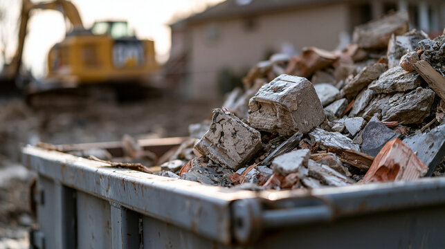 A close-up of a metal container filled with rubble and construction debris on a job site. This is a perfect image for demolition and waste management projects.