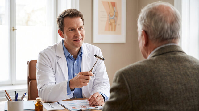 Empathetic male doctor in white coat consulting with elderly patient about healthcare and safety in bright office