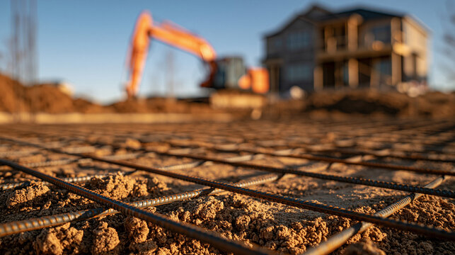 Steel rebar mesh laid out on the ground at a construction site with an excavator in the background. Concept for home building and infrastructure development.