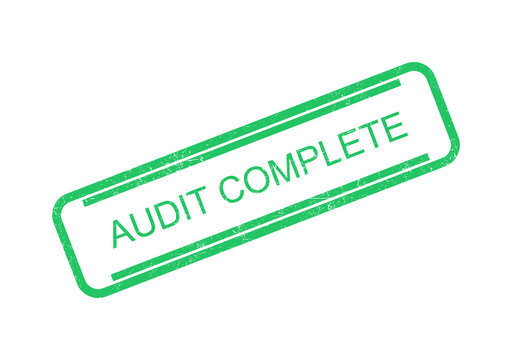 Green audit complete stamp with white text on transparent background