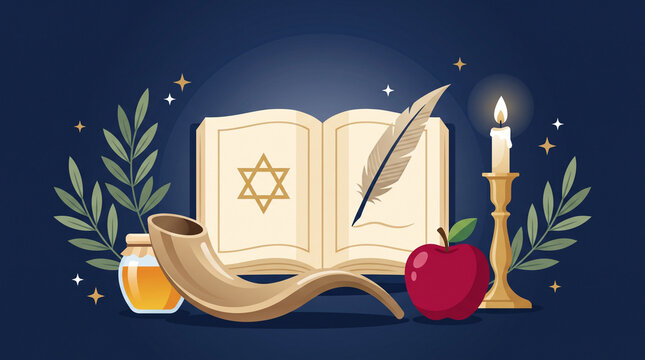 Yom Kippur symbols including open book with Star of David, shofar, candle, apple, honey, and quill on dark background