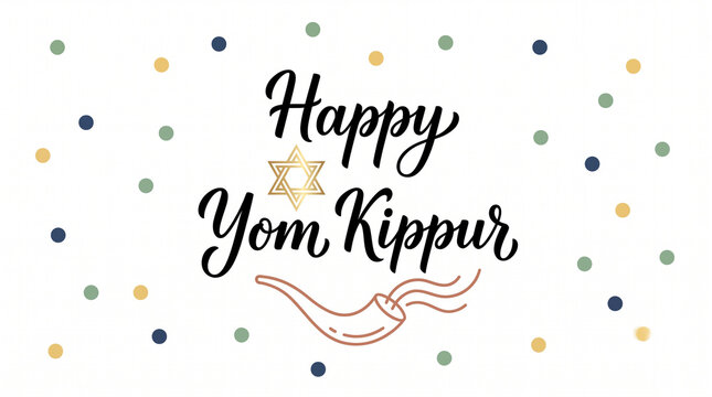 Happy Yom Kippur greeting card with colorful polka dots, elegant calligraphy, and decorative shofar illustration for Jewish High Holy Days