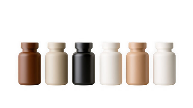 Set of six vitamin supplement bottles in different sizes