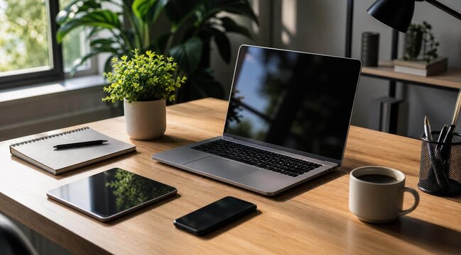 Modern minimalist home office workspace with laptop and coffee on wooden desk.