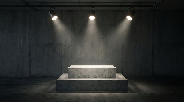 Empty concrete podium stage with spotlights on dark concrete wall background for product presentation studio mockup