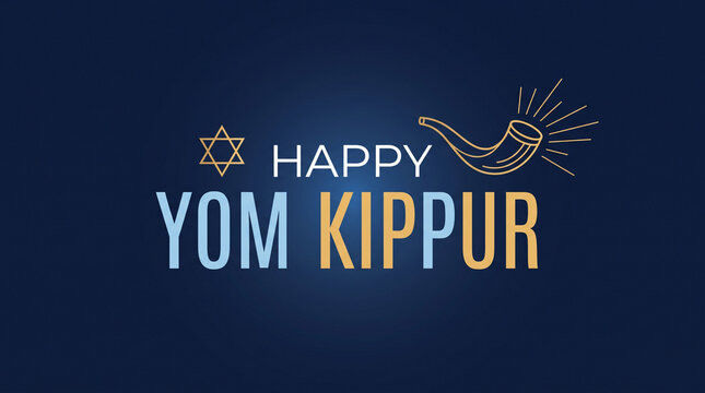 Happy Yom Kippur greeting card with Star of David and shofar horn on dark blue background for Jewish High Holy Days celebration