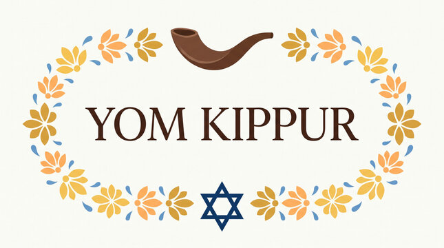 Yom Kippur Day of Atonement greeting card with shofar, Star of David, and autumn flowers wreath design for Jewish High Holy Days