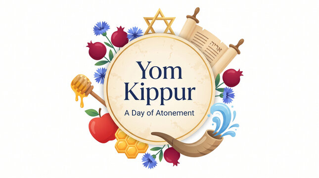 Yom Kippur Day of Atonement illustration with Star of David, pomegranates, apples, honey, and shofar for Jewish High Holy Days