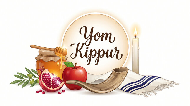 Yom Kippur holiday illustration with pomegranate, honey, shofar, tallit, and candle for Jewish High Holy Days of repentance