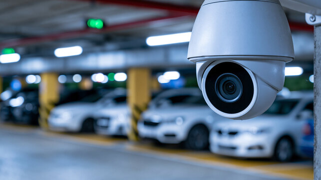 A modern security camera mounted on a pillar in an underground parking garage. Concept for vehicle safety and surveillance monitoring technology.