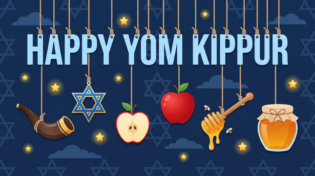Colorful Yom Kippur celebration banner with traditional symbols like shofar, star of David, apples, honey, and pomegranate on dark blue background