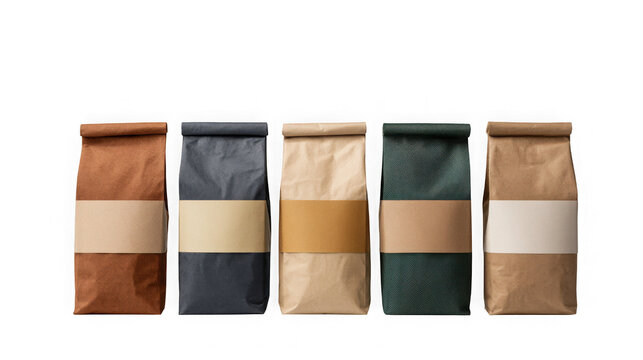 Set of six coffee bean bags with different colored labels