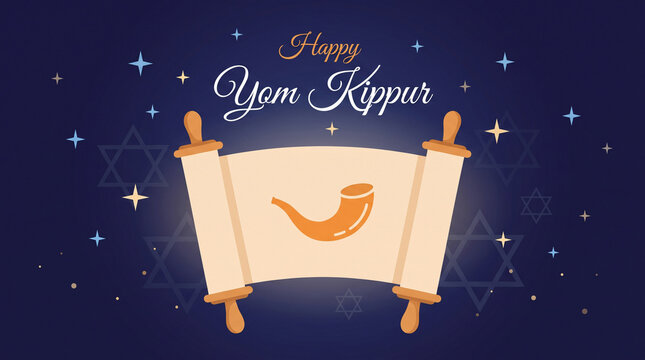 Yom Kippur greeting card with shofar on ancient scroll, starry night background, Jewish High Holy Days celebration design