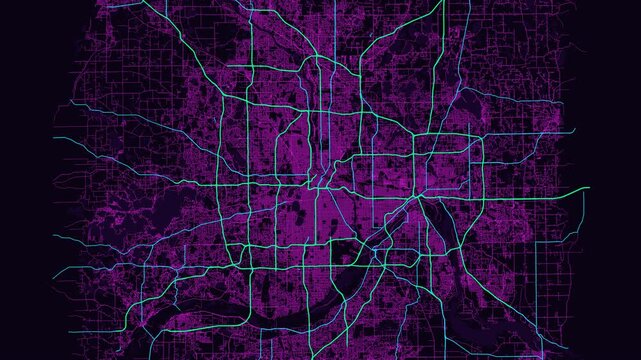 Minneapolis 4K Neon Map Animation - Urban Road Network and Infrastructure Growth