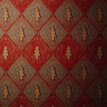 Christmas pattern fabric background with argyle design and gold glitter pine tree ornaments