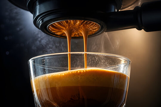 Fresh espresso pouring from machine portafilter into glass cup with steam