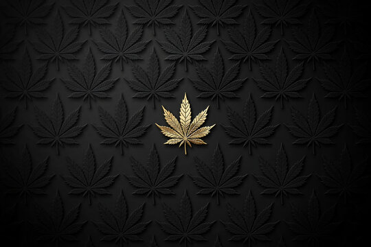 Marijuana leaf pattern with a single golden leaf on a dark background