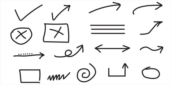 Hand drawn collection of various arrows checks and scribble elements isolated on white