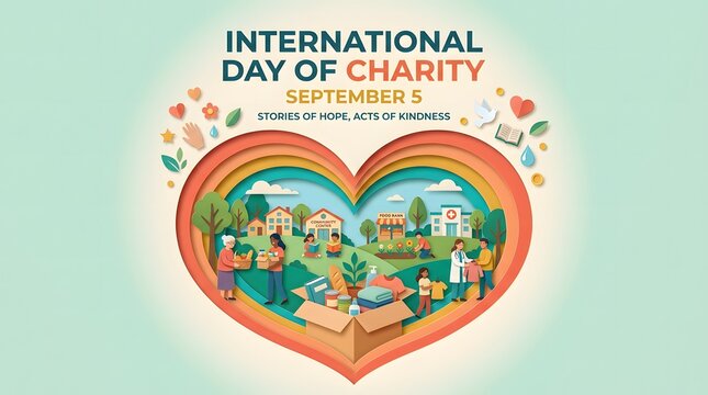 Heart shaped illustration depicts scenes of community support and charitable giving