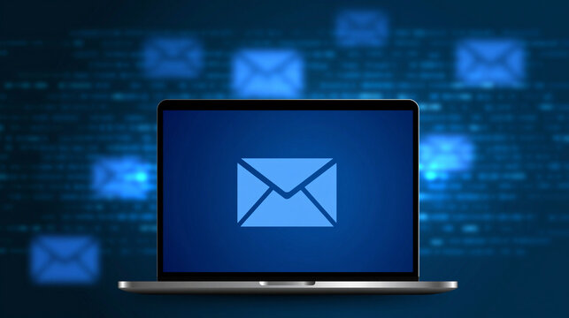 A blue laptop screen displaying a large email icon with floating messages in a digital space. Conceptual imagery for online communication and modern information technology.