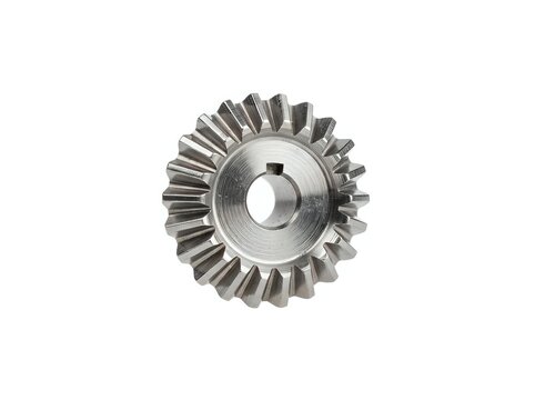 Metallic bevel gear with angled teeth arranged in circular pattern