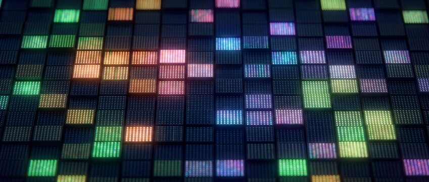 Abstract background of glowing square led light panels arranged in a grid with colorful illumination with illumination dark setting perspective technology electronic