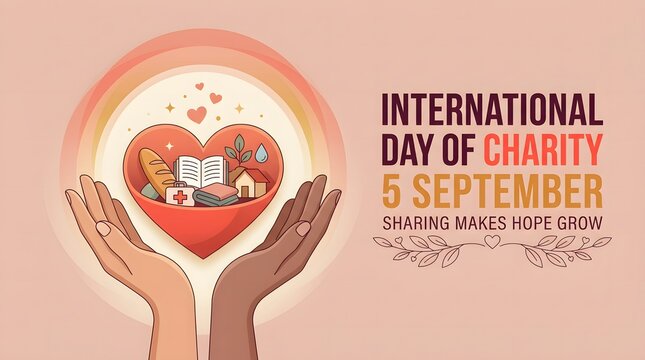 Charity concept illustration with hands holding a heart and symbolic items