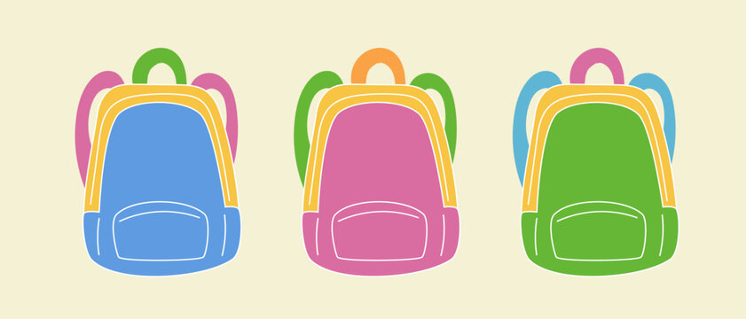 Cute colorful school backpacks doodle set. Hand drawn cozy bright school bags and rucksacks vector flat illustrations isolated on white background.
