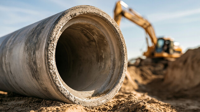 A large concrete pipe rests on a construction site with an excavator blurred in the background. Illustrates infrastructure development and utility installation projects.