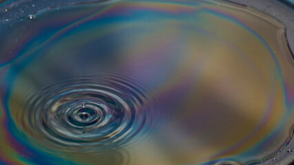 Fototapeta premium Iridescent Swirls: A close-up view of an iridescent oil slick on water, creating a mesmerizing pattern of rainbow colors with concentric ripples from a water drop.