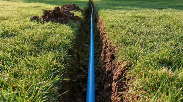 A blue plastic water pipe lies inside a narrow trench carved into a grassy lawn. This image is ideal for irrigation and infrastructure construction projects.