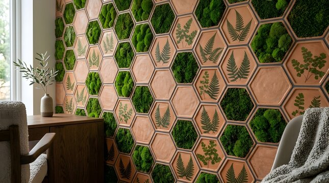 Living green moss wall art with hexagon terracotta planters containing real dried ferns for natural indoor decoration.