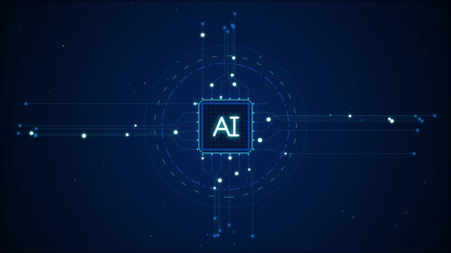 Artificial intelligence AI processor chip with HUD target circle and circuit signal animation