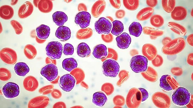 Acute lymphoblastic leukaemia in bone marrow, 3D animation showing proliferating lymphoblasts and reduced normal blood cell formation.