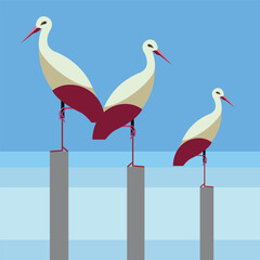 Naklejka premium Minimalist flat vector illustration of three storks with burgundy wings standing on poles against a blue background