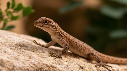 Fototapeta premium A small lizard with textured scales perches on a rough light colored rock surface under soft natural lighting