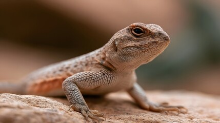 Fototapeta premium A close up of a lizard resting on textured rock with detailed scales and alert eyes in warm natural lighting