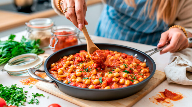 Homemade pasta with chickpeas, tomato sauce and fresh parsley being cooked in a pan for world pasta day celebration