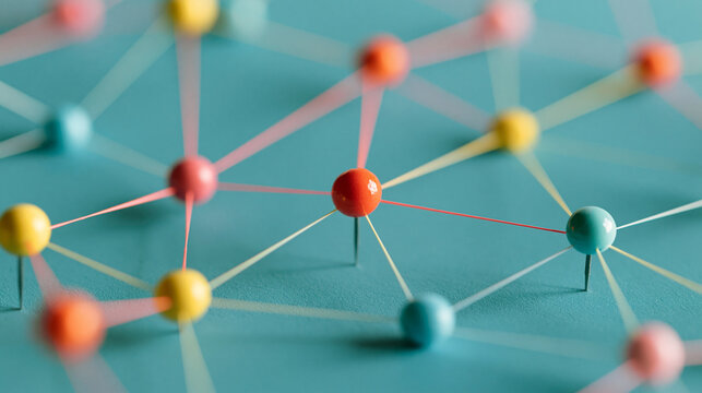 Colorful pins connected by threads create a network structure representing connectivity and data communication. Conceptual image for global business and social networking.
