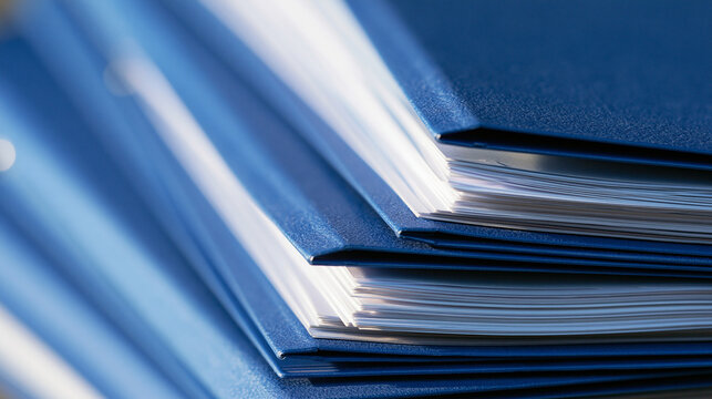 A stack of blue office folders filled with paperwork resting on a desk. Useful for organizational management, filing, and business administration concepts.