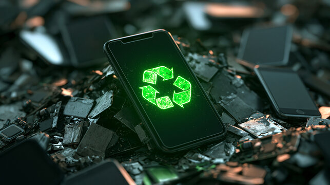 A glowing green recycling symbol on a smartphone screen resting atop a pile of discarded electronic waste. Concept for sustainable technology and e-waste recycling.