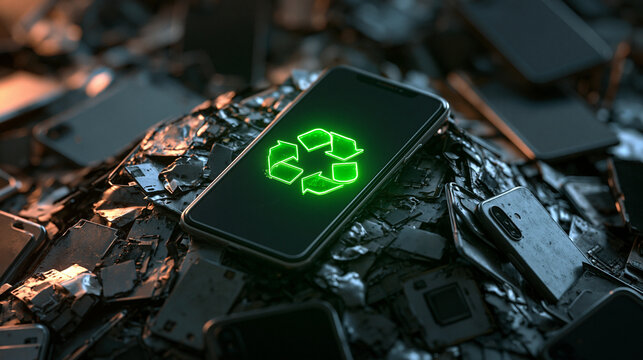 A glowing green recycling symbol on a smartphone screen resting atop a pile of electronic waste. Concept of sustainable technology and e-waste management.