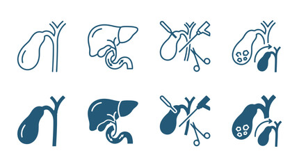 Fototapeta premium Set of human gallbladder anatomy and surgery medical icons illustrating internal organs and surgical procedures