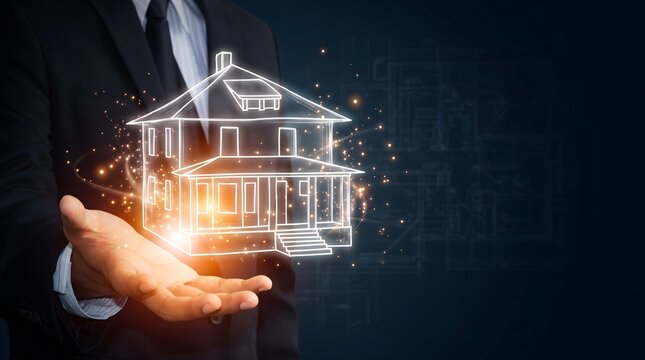 Businessman holding a glowing digital house model on his palm against a dark blue background with presents luminous wireframe