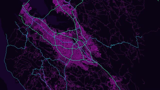 San Jose 4K Neon Map Animation - Urban Road Network and Infrastructure Growth