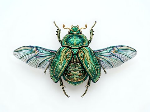 Emerald beetle with iridescent wings and ornate horns displayed