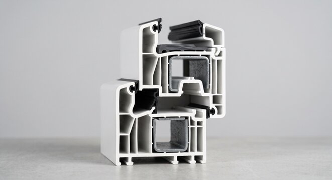 PVC window profile sample cross section of plastic window frame with metal reinforcement