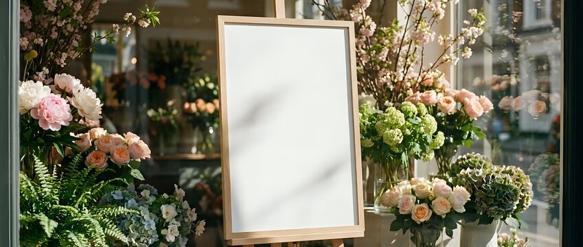 Blank wooden frame surrounded by fresh flowers and greenery